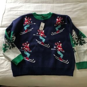 Winter Ladies Skiier Sweater Blue & Green with White Winter Trees XL Acrylic